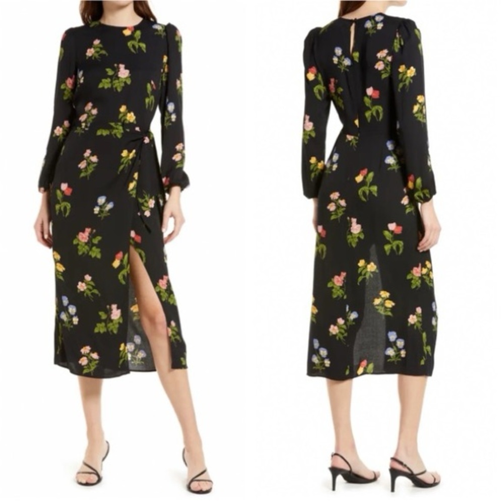 Reformation Reza Floral-Print Long Sleeve Wrap Midi Dress | 0